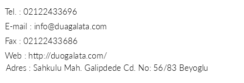 Duo Galata Hotel telefon numaralar, faks, e-mail, posta adresi ve iletiim bilgileri